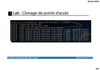 06/01/2016
301
Lab : Clonage de points d’accès
Formation Hacking & Sécurité, Avancé alphorm.com™©
 