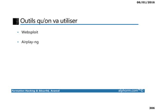 06/01/2016
306
Outils qu’on va utiliser
• Websploit
• Airplay-ng
Formation Hacking & Sécurité, Avancé alphorm.com™©
 
