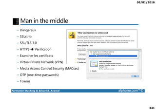 06/01/2016
341
Man in the middle
• Dangereux
• SSLstrip
• SSL/TLS 3.0
• HTTPS Vérification
• Examiner les certificats
Formation Hacking & Sécurité, Avancé alphorm.com™©
• Examiner les certificats
• Virtual Private Network (VPN)
• Media Access Control Security (MACsec)
• OTP (one-time passwords)
• Tokens
 