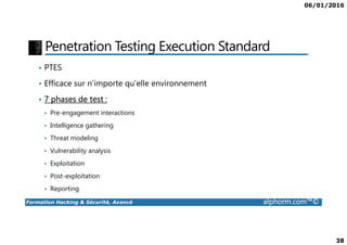 06/01/2016
38
Penetration Testing Execution Standard
• PTES
• Efficace sur n’importe qu’elle environnement
• 7 phases de test :
• Pre-engagement interactions
• Intelligence gathering
Formation Hacking & Sécurité, Avancé alphorm.com™©
• Intelligence gathering
• Threat modeling
• Vulnerability analysis
• Exploitation
• Post-exploitation
• Reporting
 