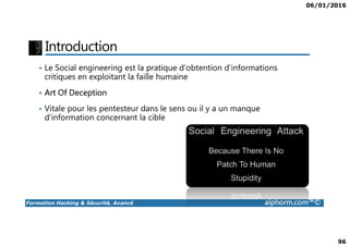 06/01/2016
96
Introduction
• Le Social engineering est la pratique d'obtention d'informations
critiques en exploitant la faille humaine
• Art Of Deception
• Vitale pour les pentesteur dans le sens ou il y a un manque
d'information concernant la cible
Formation Hacking & Sécurité, Avancé alphorm.com™©
 