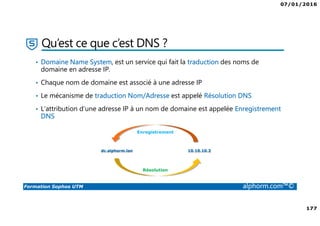 07/01/2016
177
Formation Sophos UTM alphorm.com™©
Qu’est ce que c’est DNS ?
• Domaine Name System, est un service qui fait la traduction des noms de
domaine en adresse IP.
• Chaque nom de domaine est associé à une adresse IP
• Le mécanisme de traduction Nom/Adresse est appelé Résolution DNS
• L’attribution d’une adresse IP à un nom de domaine est appelée Enregistrement
DNS
dc.alphorm.lan 10.10.10.2
Résolution
Enregistrement
 