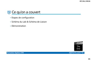 07/01/2016
35
Formation Sophos UTM alphorm.com™©
Ce qu’on a couvert
• Etapes de configuration
• Schéma du Lab & Schéma de Liaison
• Démonstration
 