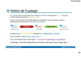 07/01/2016
38
Formation Sophos UTM alphorm.com™©
Notion de Cryptage
• Le cryptage est une technique qui consiste à chiffrer un message (dit en clair) pour le
rendre incompréhensible (cryptogramme).
• Le but c’est de garder la confidentialité du message lors des échanges, et seul le
destinataire qui va pouvoir le déchiffrer (décrypter).
• Le Mécanisme Crypter/Décrypter est basé sur : Un Algorithme + Une Clé
Dans l’exemple : Alghorithme = César, Clé = 1
• D’où, on distingue deux cas de figure : Cryptographie Symétrique et Asymétrique
• // Message = Ensemble de bits binaires, de nature quelconque (Texte, Images, App, …)
AlphormBmqipsn
MESSAGE EN CLAIR CRYPTOGRAMME MESSAGE DÉCHIFFRÉ
CRYPTAGE DECRYPTAGEAlphorm
 