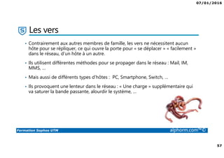 07/01/2016
5
Formation Sophos UTM alphorm.com™©
Contenu pédagogique
• Présentation de la solution
• Compréhension technique
• Concept de base et principe de fonctionnement
• Démonstration réelle (cas pratiques)
• Ateliers pratiques (Labs)
• Astuces et bonnes pratiques
• Validation des acquis (QCM)
• Support de cours
 