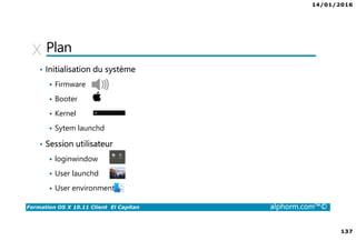 14/01/2016
137
Formation OS X 10.11 Client El Capitan alphorm.com™©
Plan
• Initialisation du système
Firmware
Booter
Kernel
Sytem launchd
• Session utilisateur
loginwindow
User launchd
User environment
 