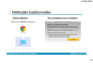 14/01/2016
15
Formation OS X 10.11 Client El Capitan alphorm.com™©
Méthodes traditionnelles
Glisser déposer Plus complexe via un installeur
 
