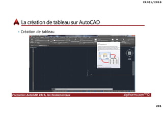 29/01/2016
201
Formation AutoCAD 2016, les fondamentaux alphorm.com™©
La création de tableau sur AutoCAD
• Création de tableau
 