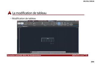 29/01/2016
206
Formation AutoCAD 2016, les fondamentaux alphorm.com™©
La modification de tableau
• Modification de tableau
 