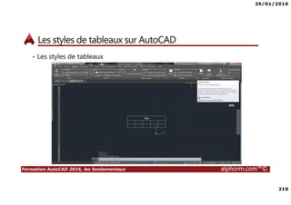 29/01/2016
210
Formation AutoCAD 2016, les fondamentaux alphorm.com™©
Les styles de tableaux sur AutoCAD
• Les styles de tableaux
 