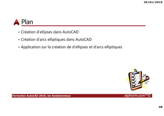 29/01/2016
68
Formation AutoCAD 2016, les fondamentaux alphorm.com™©
Plan
• Création d’ellipses dans AutoCAD
• Création d’arcs elliptiques dans AutoCAD
• Application sur la création de d’ellipses et d’arcs elliptiques
 