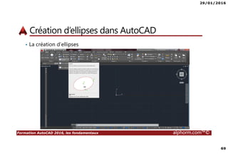 29/01/2016
69
Formation AutoCAD 2016, les fondamentaux alphorm.com™©
Création d’ellipses dans AutoCAD
• La création d’ellipses
 