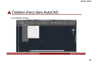 29/01/2016
95
Formation AutoCAD 2016, les fondamentaux alphorm.com™©
Création d'arcs dans AutoCAD
• La création d'arcs
 