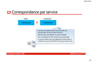18/02/2016
143
Formation Fortinet UTM alphorm.com™©
Correspondance par service
Protocol and port
Packet
Protocol and port
Firewall Policy
=
• Les services déterminent les protocoles de
transmission et les numéros de port
• Peuvent être pré-définis ou personnalisés
• ALL correspond à tous les ports et protocoles
• Le service web-proxy est également disponible si
l’interface source est défini en tant que web-proxy
 