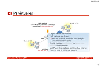 18/02/2016
170
Formation Fortinet UTM alphorm.com™©
IPs virtuelles
Règle de sécurité
Adresse IP virtuelle de destination + NAT statique
Adresse IP wan1: 200.200.200.200
Adresse IP source:
11.12.13.14
Adresse IP destination:
200.200.200.200
Port destination: 80
10.10.10.10
11.12.13.14
internal
wan1
La VIP translate la destination
200.200.200.200 -> 10.10.10.10
• Objets NAT en destination
• NAT statique par défaut
» Peut être en mode “restricted” pour rediriger
uniquement certains ports
• En CLI, l’option load-balance ou server-load-
balance est disponible
• La VIP doit être routable sur l’interface externe
(source) pour le retour de paquets
 