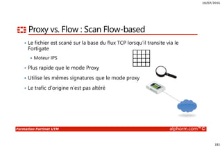18/02/2016
181
Formation Fortinet UTM alphorm.com™©
Proxy vs. Flow : Scan Flow-based
• Le fichier est scané sur la base du flux TCP lorsqu’il transite via le
Fortigate
Moteur IPS
• Plus rapide que le mode Proxy
• Utilise les mêmes signatures que le mode proxy
• Le trafic d’origine n’est pas altéré
 