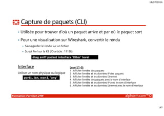 18/02/2016
187
Formation Fortinet UTM alphorm.com™©
Capture de paquets (CLI)
• Utilisée pour trouver d’où un paquet arrive et par où le paquet sort
• Pour une visualisation sur Wireshark, convertir le rendu
Sauvegarder le rendu sur un fichier
Script Perl sur la KB (ID article : 11186)
Interface
Utiliser un nom physique ou logique
diag sniff packet interface ‘filter’ level
port1, lan, wan1, ‘any’
Level (1-6)
1 : Afficher l’entête des paquets
2 : Afficher l’entête et les données IP des paquets
3 : Afficher l’entête et les données Ethernet
4 : Afficher l’entête des paquets avec le nom d’interface
5 : Afficher l’entête et les données IP avec le nom d’interface
6 : Afficher l’entête et les données Ethernet avec le nom d’interface
 