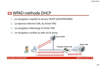 18/02/2016
204
Formation Fortinet UTM alphorm.com™©
WPAD méthode DHCP
1. Le navigateur requête le serveur DHCP (DHCPINFORM)
2. La réponse informe l’URL du fichier PAC
3. Le navigateur télécharge le fichier PAC
4. Le navigateur accède au web via le proxy
Server web
Fortigate /fichier PAC
Server DHCP
1
2
3
4
 