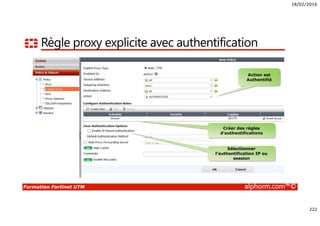 18/02/2016
222
Formation Fortinet UTM alphorm.com™©
Règle proxy explicite avec authentification
Action est
Authentifié
Créer des règles
d’authentifications
Sélectionner
l’authentification IP ou
session
 