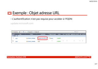 18/02/2016
12
Formation Fortinet UTM alphorm.com™©
Solutions de sécurité tradionnelles
Pare-feu
Antivirus
Antispam
Optimisation WAN
Filtrage Web
Contrôle applicatif
IPS
VPN
 