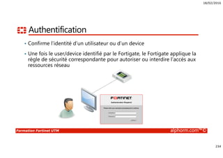 18/02/2016
234
Formation Fortinet UTM alphorm.com™©
Authentification
• Confirme l’identité d’un utilisateur ou d’un device
• Une fois le user/device identifié par le Fortigate, le Fortigate applique la
règle de sécurité correspondante pour autoriser ou interdire l’accès aux
ressources réseau
 