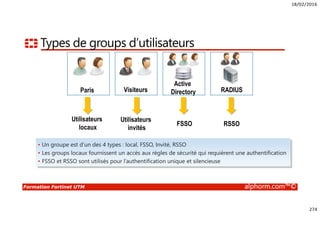18/02/2016
274
Formation Fortinet UTM alphorm.com™©
Types de groups d’utilisateurs
Active
Directory RADIUSParis Visiteurs
Utilisateurs
locaux
Utilisateurs
invités
FSSO RSSO
• Un groupe est d’un des 4 types : local, FSSO, Invité, RSSO
• Les groups locaux fournissent un accès aux règles de sécurité qui requièrent une authentification
• FSSO et RSSO sont utilisés pour l’authentification unique et silencieuse
 