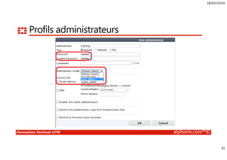 18/02/2016
3
Formation Fortinet UTM alphorm.com™©
Présentation du formateur
• Yassine MORSLI
• Ingénieur Réseaux Systèmes et Sécurité
• Yassine.morsli@gmail.com
• Mission de conseil, d’audit, intégration d’infrastructure Informatique et formation
• Technologies : Fortinet , vMware, Hyper-V, Citrix XenApp 6.5, NetScaler, Microsoft, Dynamics
CRM, NetApp
• Certifications : MCSA 2008 R2, Fortinet NSE4, NSE5, Sales Netapp, CCA XenApp 5.0
• Profils :
Linkedin : https://dz.linkedin.com/pub/yassine-morsli/48/987/a45
 
