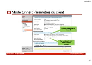 18/02/2016
315
Formation Fortinet UTM alphorm.com™©
Mode tunnel : Paramètres du client
Paramètre trafic
DNS dans le
tunnel
Pool IP assigné au
tunnel
 