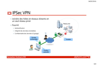 18/02/2016
324
Formation Fortinet UTM alphorm.com™©
IPSec VPN
• Joindre des hôtes et réseaux distants en
un seul réseau privé
• Fournit
Authentification
Intégrité des données (inviolables)
Confidentialité des données (Cryptage)
Réseau privé
Emetteur
authentifié
Inviolable
Données
confidentielles
?
 