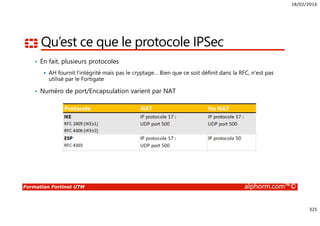18/02/2016
325
Formation Fortinet UTM alphorm.com™©
Qu’est ce que le protocole IPSec
• En fait, plusieurs protocoles
AH fournit l’intégrité mais pas le cryptage… Bien que ce soit définit dans la RFC, n’est pas
utilisé par le Fortigate
• Numéro de port/Encapsulation varient par NAT
 