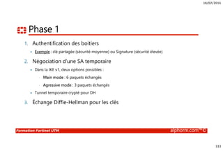 18/02/2016
333
Formation Fortinet UTM alphorm.com™©
Phase 1
1. Authentification des boitiers
Exemple : clé partagée (sécurité moyenne) ou Signature (sécurité élevée)
2. Négociation d’une SA temporaire
Dans la IKE v1, deux options possibles :
• Main mode : 6 paquets échangés
• Agressive mode : 3 paquets échangés
Tunnel temporaire crypté pour DH
3. Échange Diffie-Hellman pour les clés
 