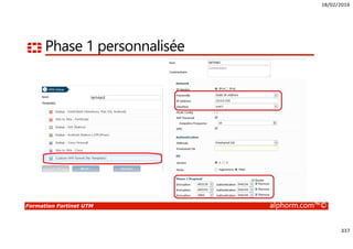 18/02/2016
15
Formation Fortinet UTM alphorm.com™©
Approche Fortinet
Pare-feu
Antivirus
Antispam
Optimisation WAN
Filtrage Web
Contrôle applicatif
IPS
VPN
Et plus encore…
• Un seul équipement fournit une
solution de sécurité complète
 