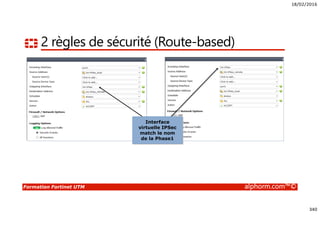 18/02/2016
340
Formation Fortinet UTM alphorm.com™©
2 règles de sécurité (Route-based)
Interface
virtuelle IPSec
match le nom
de la Phase1
 