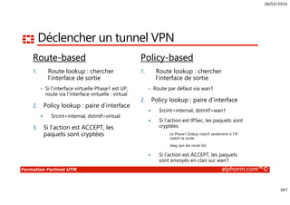 18/02/2016
347
Formation Fortinet UTM alphorm.com™©
Déclencher un tunnel VPN
Route-based
1. Route lookup : chercher
l’interface de sortie
• Si l’interface virtuelle Phase1 est UP,
route via l’interface virtuelle : virtual
2. Policy lookup : paire d’interface
Srcint=internal, dstintf=virtual
3. Si l’action est ACCEPT, les
paquets sont cryptées
Policy-based
1. Route lookup : chercher
l’interface de sortie
• Route par défaut via wan1
2. Policy lookup : paire d’interface
Srcint=internal, dstintf=wan1
Si l’action est IPSec, les paquets sont
cryptées
• Le Phase1 Dialup match seulement si l’IP
match la route
• diag vpn ike route list
Si l’action est ACCEPT, les paquets
sont envoyés en clair sur wan1
 