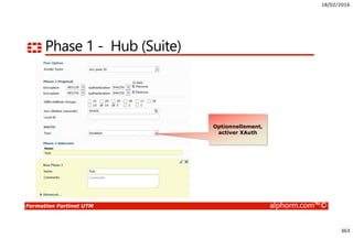18/02/2016
363
Formation Fortinet UTM alphorm.com™©
Phase 1 - Hub (Suite)
Optionnellement,
activer XAuth
 