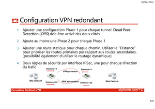 18/02/2016
370
Formation Fortinet UTM alphorm.com™©
Configuration VPN redondant
1. Ajouter une configuration Phase 1 pour chaque tunnel. Dead Peer
Detection (DPD) doit être activé des deux côtés
2. Ajoute au moins une Phase 2 pour chaque Phase 1
3. Ajouter une route statique pour chaque chemin. Utiliser la ‘’Distance’’
pour prioriser les routes primaires par rapport aux routes secondaires.
(possibilité également d’utiliser le routage dynamique)
4. Deux règles de sécurité par interface IPSec, une pour chaque direction
du trafic
Site distant Site Central
Distance=5
Distance=10
Distance=5
Distance=10
VPN primaire
VPN secondaire
 