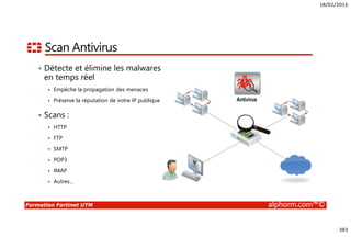 18/02/2016
383
Formation Fortinet UTM alphorm.com™©
Scan Antivirus
• Détecte et élimine les malwares
en temps réel
Empêche la propagation des menaces
Préserve la réputation de votre IP publique
• Scans :
HTTP
FTP
SMTP
POP3
IMAP
Autres…
Antivirus
 