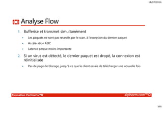 18/02/2016
390
Formation Fortinet UTM alphorm.com™©
Analyse Flow
1. Bufferise et transmet simultanément
Les paquets ne sont pas retardés par le scan, à l’exception du dernier paquet
Accélération ASIC
Latence perçue moins importante
2. Si un virus est détecté, le dernier paquet est dropé, la connexion est
réinitialisée
Pas de page de blocage, jusqu’à ce que le client essaie de télécharger une nouvelle fois
 