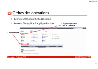 18/02/2016
444
Formation Fortinet UTM alphorm.com™©
Ordres des opérations
1. Le moteur IPS identifie l’application
2. Le contrôle applicatif applique l’action 2. Appliquer l’action
de la catégorie
1. Applications
 