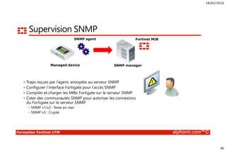18/02/2016
96
Formation Fortinet UTM alphorm.com™©
Supervision SNMP
SNMP managerManaged device
SNMP agent Fortinet MIB
• Traps reçues par l’agent, envoyées au serveur SNMP
• Configurer l’interface Fortigate pour l’accès SNMP
• Compiler et charger les MIBs Fortigate sur le serveur SNMP
• Créer des communautés SNMP pour autoriser les connexions
du Fortigate sur le serveur SNMP
− SNMP v1/v2 : Texte en clair
− SNMP v3 : Crypté
 