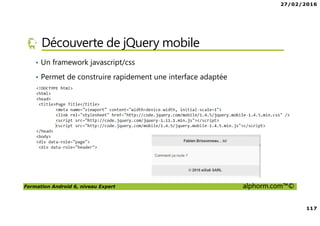 27/02/2016
6
Formation Android 6, niveau Expert alphorm.com™©
Le plan de la formation
• Les services Google Play Services
• Les applications Web et Android
• Android Natif, introduction à NDK
• RenderScript
• Google Wear
 