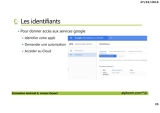 27/02/2016
25
Formation Android 6, niveau Expert alphorm.com™©
Les identifiants
• Pour donner accès aux services google
Identifier votre appli
Demander une autorisation
Accéder au Cloud
 