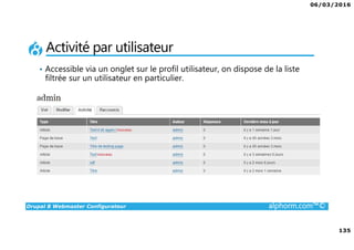 06/03/2016
135
Drupal 8 Webmaster Configurateur alphorm.com™©
Activité par utilisateur
• Accessible via un onglet sur le profil utilisateur, on dispose de la liste
filtrée sur un utilisateur en particulier.
 