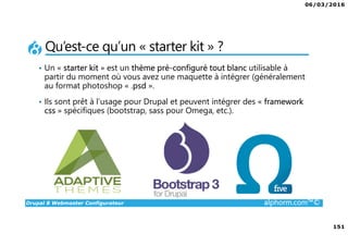 06/03/2016
8
Drupal 8 Webmaster Configurateur alphorm.com™©
Liens des ressources logicielles
Documentation :
www.drupal.org/documentation
www.drupal.org/drupal-7.0/fr
drupalfr.org/documentation
Forums :
drupal.stackexchange.com
Drupalfr.org/forum
www.drupal.org/forum
IRC FreeNode : #drupal-fr (irc.freenode.net).
 