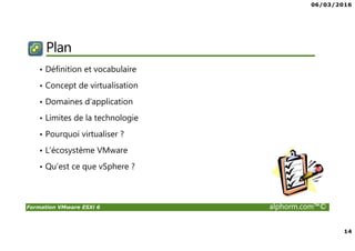 06/03/2016
14
Formation VMware ESXi 6 alphorm.com™©
Plan
• Définition et vocabulaire
• Concept de virtualisation
• Domaines d’application
• Limites de la technologie
• Pourquoi virtualiser ?
• L’écosystème VMware
• Qu’est ce que vSphere ?
 