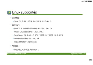 06/03/2016
182
Formation VMware ESXi 6 alphorm.com™©
Linux supportés
• Desktop :
Suse (32 & 64) : 10 SP 3-4 / 11 SP 1-2-3-4 / 12
• Serveur :
CentOS & RedHAT (32 & 64) : 4.9 / 5.x / 6.x / 7.x
Oracle Linux (32 & 64) : 4.9 / 5.x / 6.x
Suse Server (32 & 64) : 9 SP 4 / 10 SP 3-4 / 11 SP 1-2-3-4 / 12
Debian (32 & 64) : 6.0 / 7.x / 8.x
Project Photon 1.0 (Vmware)
• Autres :
Ubuntu , CoreOS, Asianux, …
 