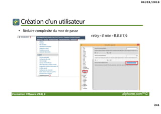 06/03/2016
15
Formation VMware ESXi 6 alphorm.com™©
Définition et Vocabulaire
• Un Hôte, hyperviseur, ESXi, barre métal,…
• Serveur physique, le matériel (HP Proliand, IBM X Series,…)
• Un Serveur :
• OS ou environnement faisant tourner un ou X services
• Un Service :
• Fonctionnalité, logiciel (Base de données, Site Web, application,…)
 