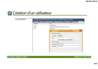 06/03/2016
15
Formation VMware ESXi 6 alphorm.com™©
Définition et Vocabulaire
• Un Hôte, hyperviseur, ESXi, barre métal,…
• Serveur physique, le matériel (HP Proliand, IBM X Series,…)
• Un Serveur :
• OS ou environnement faisant tourner un ou X services
• Un Service :
• Fonctionnalité, logiciel (Base de données, Site Web, application,…)
 