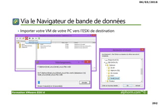 06/03/2016
17
Formation VMware ESXi 6 alphorm.com™©
Domaines d’application
Virtualize Everything…
• Serveur (Windows, Linux)
ESXi/vSphere, Hyper-v, XenServer, KVM,…
• Applications (Office, veille application,…)
Citrix XenApp, MS App-v, Vmware Thinapp,…
• Postes de Travail (Windows sous Thin Client, …)
Citrix XenDesktop, MS VDI, Vmware Horizon
• Stockage (vSAN, agrégations de baie,…)
• Réseau (Switch Virtuel, firewall,…)
 