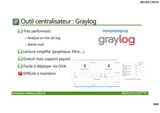 06/03/2016
306
Formation VMware ESXi 6 alphorm.com™©
Outil centralisateur : Graylog
• Très performant
Analyse en live de log
Alerte mail
• Lecture simplifié (graphique, filtre,…)
• Gratuit mais support payant
• Facile à déployer via OVA
• Difficile à maintenir
www.graylog.org
 